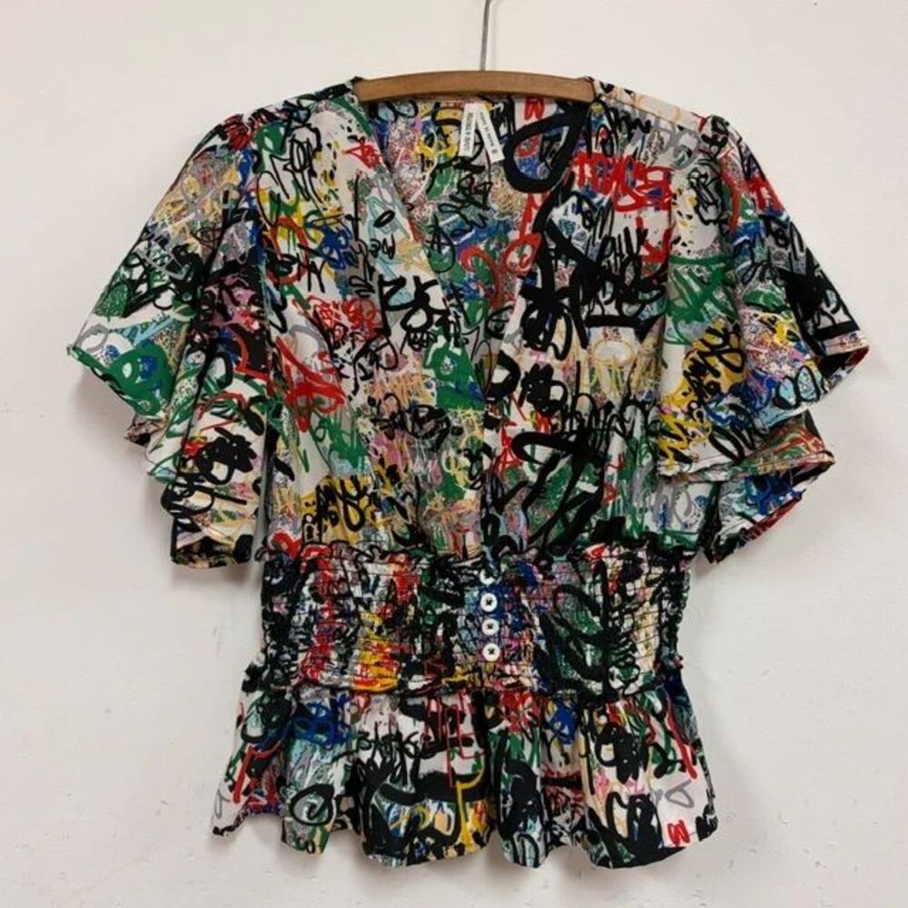 Graffiti Smocked Waist Y2k Indie Peplum Top